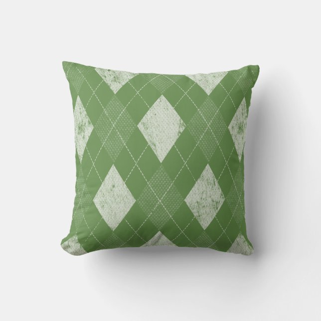 Distressed Monochrome Argyle Green Throw Pillow (Front)