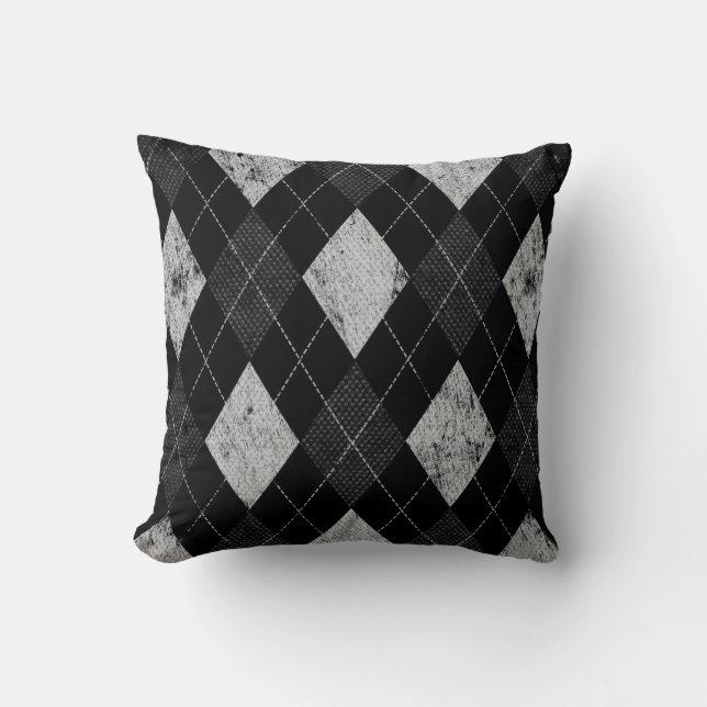 Distressed Monochrome Argyle Throw Pillow (Front)