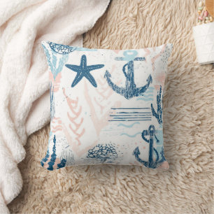 Distressed Nautical Anchor Starfish Blue Coastal Throw Pillow