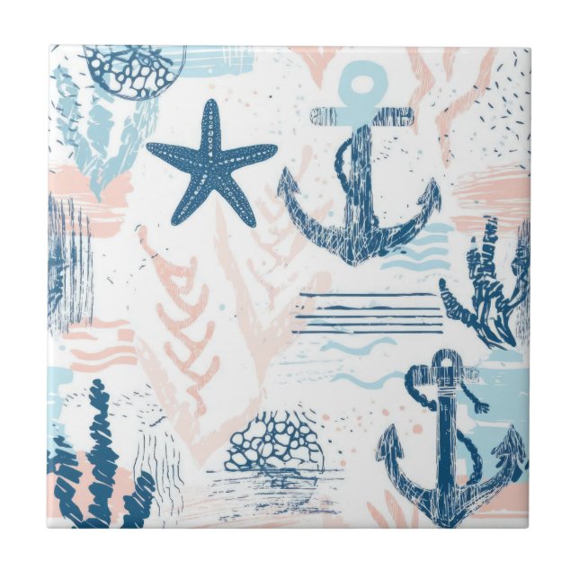Distressed Nautical Anchor Starfish Blue Coastal Tile (Front)