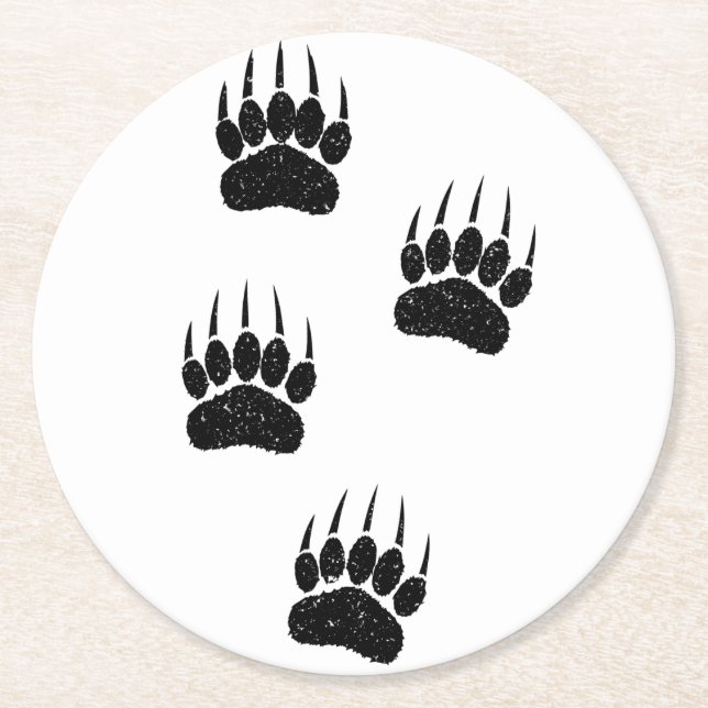 Distressed Old Paper Print Black Bear Paws Round Paper Coaster (Front)