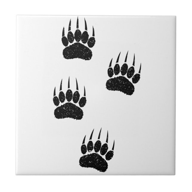 Distressed Old Paper Print Black Bear Paws Square Tile (Front)