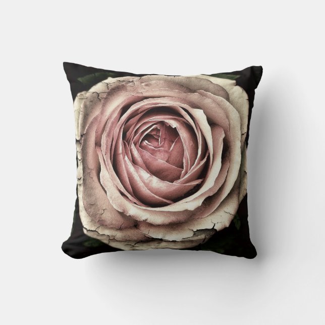 Distressed Pale Pink Rose on Black Throw Pillow (Front)