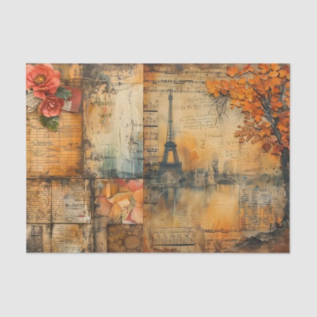Distressed Paris Collage in Fall Colors Tissue Paper (Front)