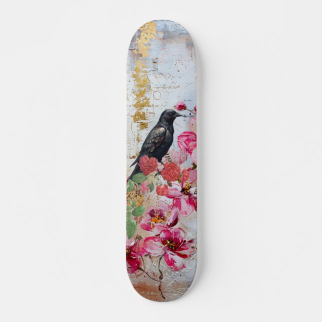 Distressed Pink Florals Raven & Roses Skateboard  (Devant)