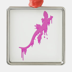 Distressed Pink Salamander With Paint Drip Metal Ornament