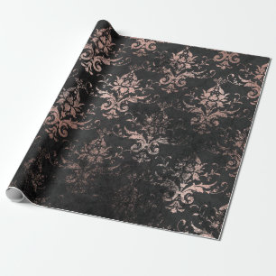 Distressed Pink Scroll Work on Black Wrapping Paper