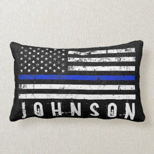 Distressed Police Styled American Flag Custom Name Lumbar Pillow