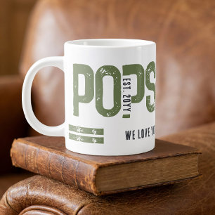 Distressed Pops Est Year Personalized Green Grey Large Coffee Mug