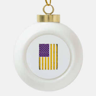 Distressed Purple and Gold American Flag Vector De Ceramic Ball Christmas Ornament