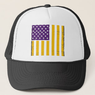 Distressed Purple and Gold American Flag Vector De Trucker Hat