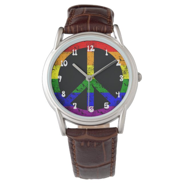 Distressed Rainbow Flag Peace sign Watch (Front)