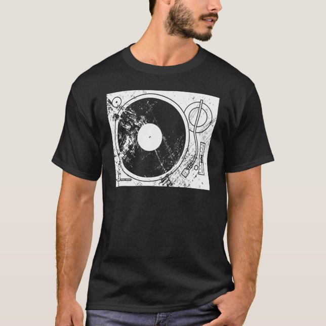 Distressed Record Player Turntable Vinyl DJ T-Shirt (Front)