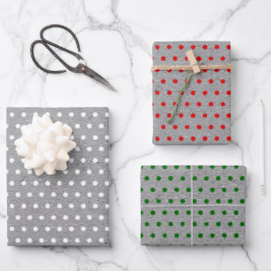 Distressed Red Green White Dots Faux Grey Kraft Wrapping Paper Sheet