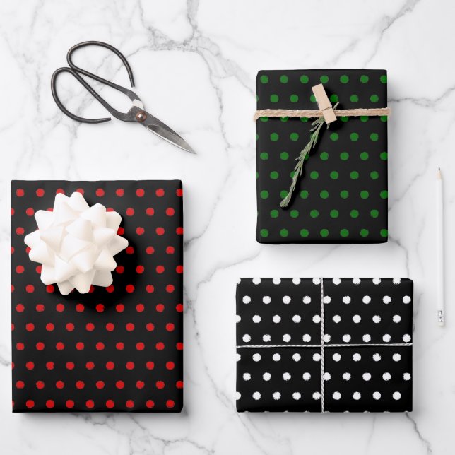 Distressed Red Green White Polkadots On Black Wrapping Paper Sheet (Front)
