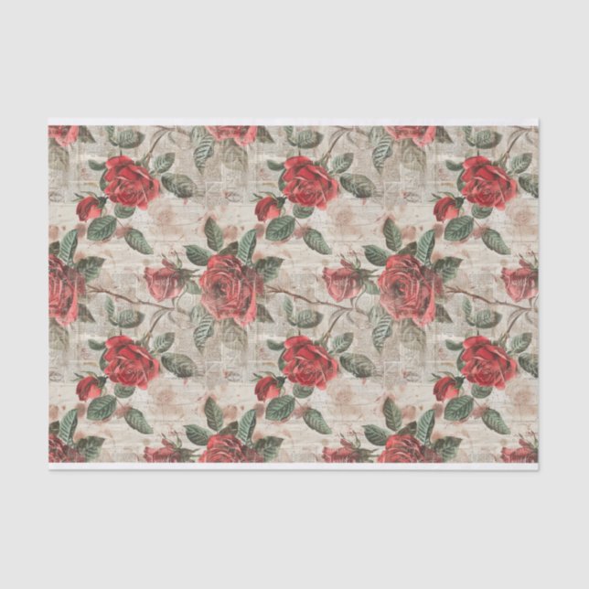 Distressed Red Roses on Abstract Newsprint Pattern Tissue Paper (Front)