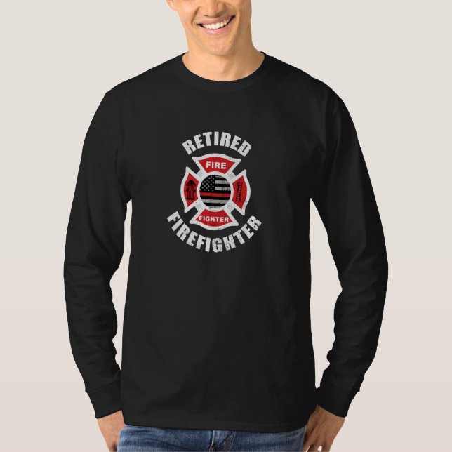 Distressed Retired Firefighter  Thin Red Line Flag T-Shirt (Front)