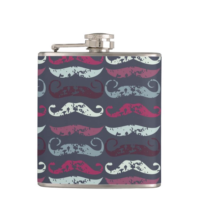Distressed Retro Moustache Print Hip Flask (Front)