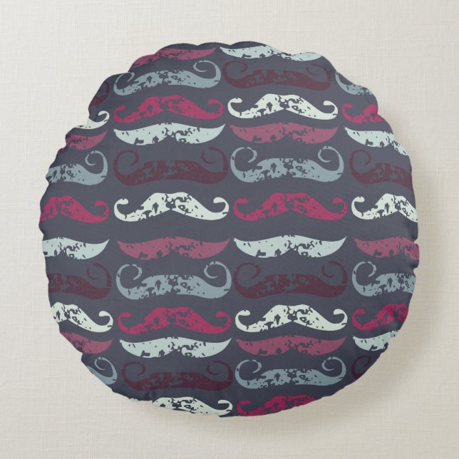 Distressed Retro Moustache Print Round Pillow (Front)