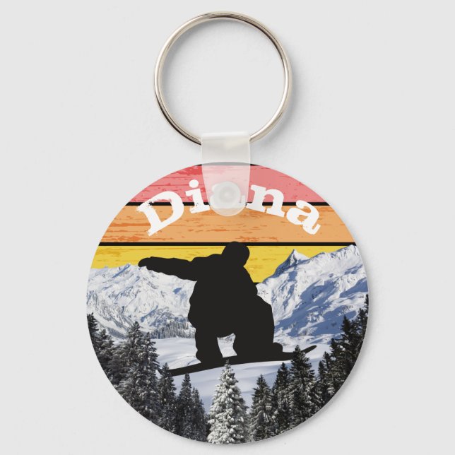 Distressed Retro Snowboard Ski Slopes Name Keychain (Front)