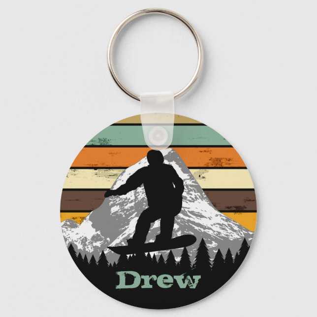 Distressed Retro Snowboard Skiing Sport Name Keychain (Front)