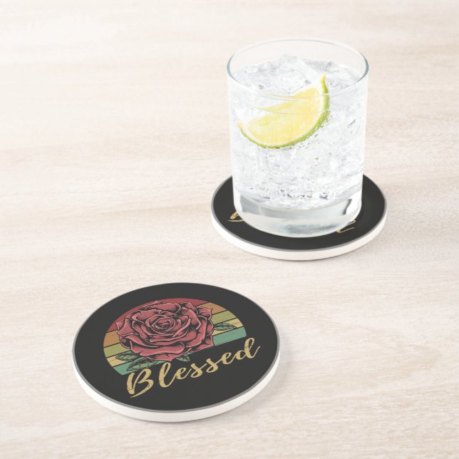 Distressed Retro Sunset Red Rose Blessed Coaster (Side)