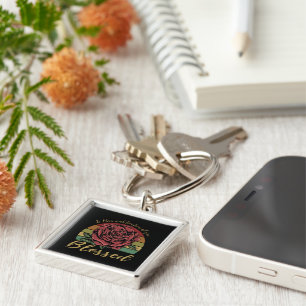 Distressed Retro Sunset Red Rose Blessed Keychain