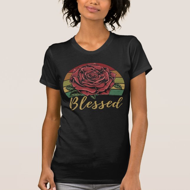 Distressed Retro Sunset Red Rose Blessed T-Shirt (Front)