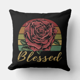 Distressed Retro Sunset Red Rose Blessed Throw Pillow