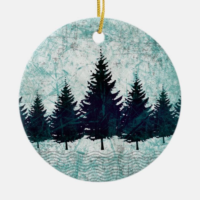 Distressed Rustic Evergreen Pine Trees Forest Ceramic Ornament (Front)