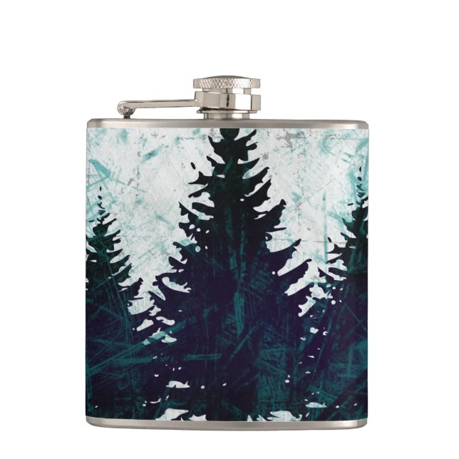 Distressed Rustic Evergreen Pine Trees Forest Hip Flask (Front)