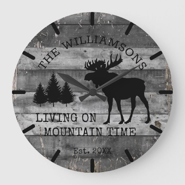 Distressed Rustic Wood Living on Mountain Time Large Clock (Front)
