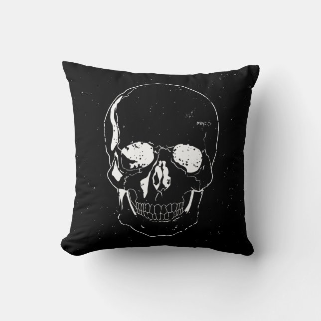 Distressed Scary Halloween White Skull Throw Pillow (Front)
