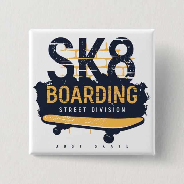 Distressed SK8 Boarding Street Division 2 Inch Square Button (Front)