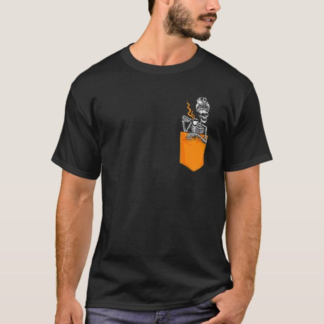 Distressed Skeleton Messy Bun Coffee Skull drinkin T-Shirt (Front)