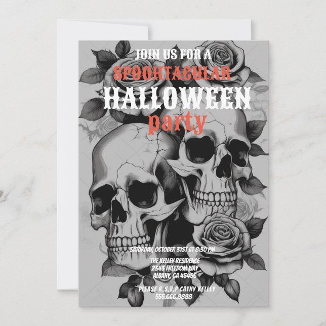 Distressed Skulls Black & White Halloween Party Invitation (Front)