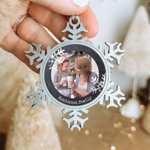 Distressed Snowflakes Chalkboard Photo Monogram Snowflake Pewter Christmas Ornament