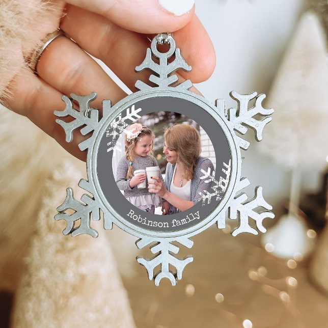 Distressed Snowflakes Dark Grey Photo Monogram Snowflake Pewter Christmas Ornament (Rustic snowflake family holiday keepsake photo ornament perfect for gifts to bring joy to others.)