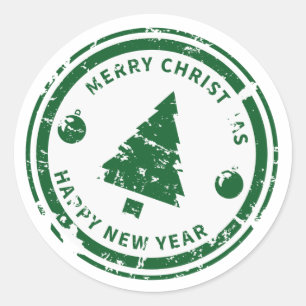 Distressed Stamp Green Holiday Christmas Tree Classic Round Sticker