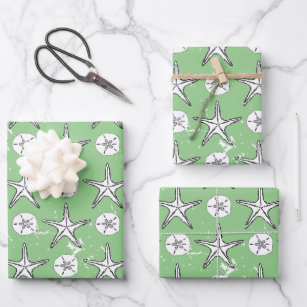 Distressed Starfish Sand Dollar Sketch Pattern Wrapping Paper Sheet