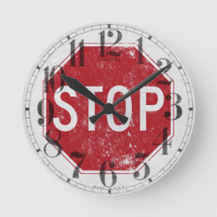 Distressed Stop Sign Round Clock