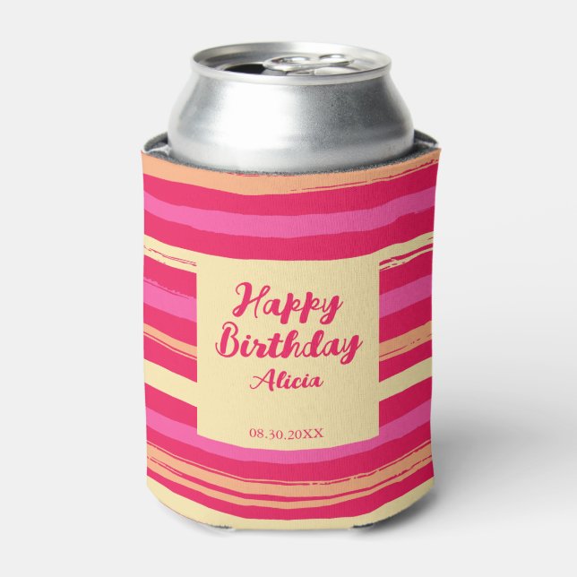 Distressed Stripes Pink Peach Colourful Birthday Can Cooler (Can Front)