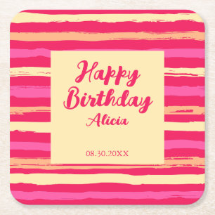 Distressed Stripes Pink Peach Colourful Birthday Square Paper Coaster