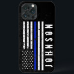 Distressed Style Police Flag Personalized Name iPhone 13 Pro Max Case<br><div class="desc">This unique phone case features a thin blue line police flag-themed flag in the centre in a rugged cracked and distressed style.  To the side of this is a spot for your's or your gift recipient's unique first or last name.</div>