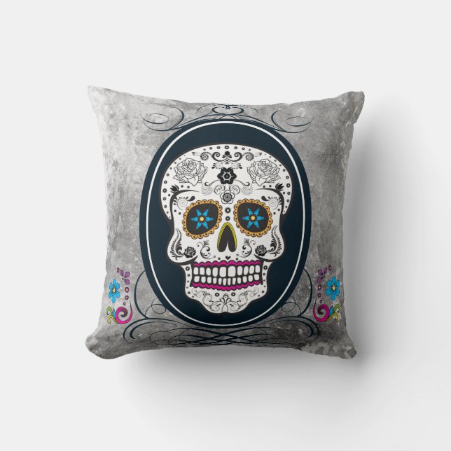 Distressed Sugar Skull in a Frame Pillow (Front)