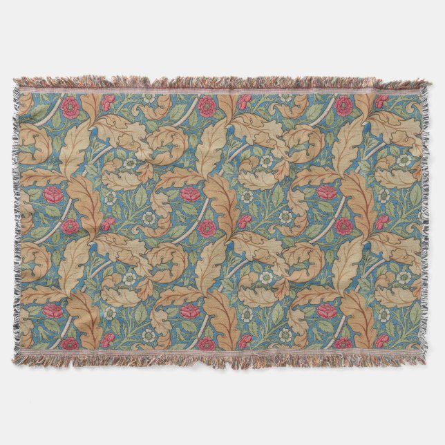 Distressed tan blue William Morris floral Marigold Throw Blanket (Front)