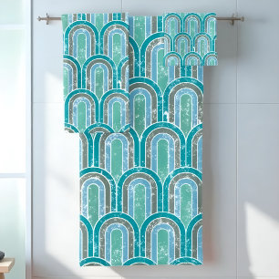 Distressed Teal and Blue Retro Rainbow Arch  Bath Towel Set