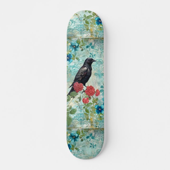 Distressed Teal Florals Raven & Roses Skateboard  (Front)