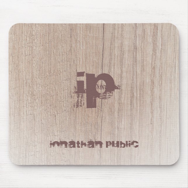 Distressed Text Monogram Wood Look Trendy Elegant Mouse Pad (Front)