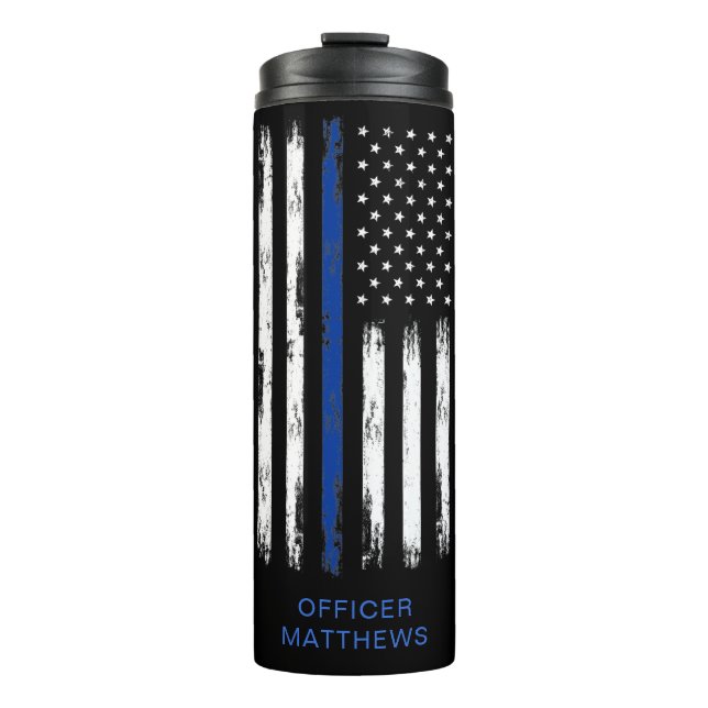 Distressed Thin Blue Line Police Coffee Thermal Tumbler (Front)